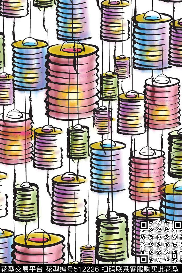 水彩彩绘灯笼数码印花华亿平台下载（图片编号: 512226） - 瓦栏（Walan）