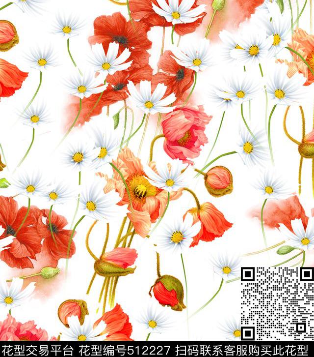 潮流时尚D&G风格手绘罂粟花数码印花华亿平台下载（图片编号: 512227） - 瓦栏（Walan）