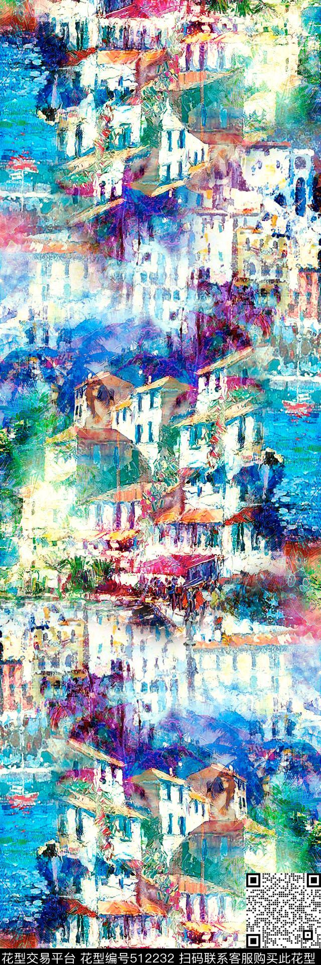 数码风景建筑围巾数码印花华亿平台下载（图片编号: 512232） - 瓦栏（Walan）