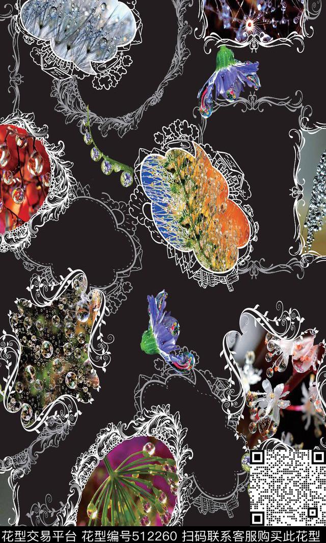 晶莹剔透水珠精美边框数码印花华亿平台下载（图片编号: 512260） - 瓦栏（Walan）