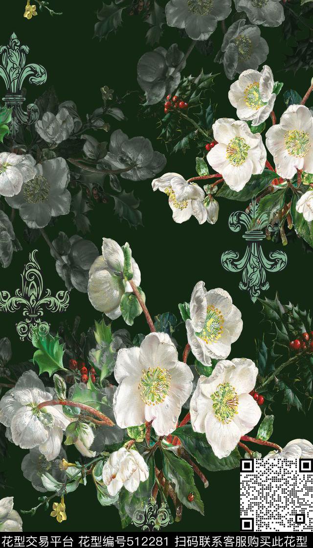 女装四方连续花鸟植物数码印花华亿平台下载（图片编号: 512281） - 瓦栏（Walan）