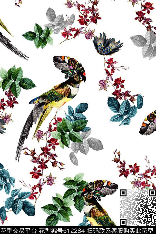 树叶装饰鸟羽毛数码印花华亿平台下载（图片编号: 512284） - 瓦栏（Walan）