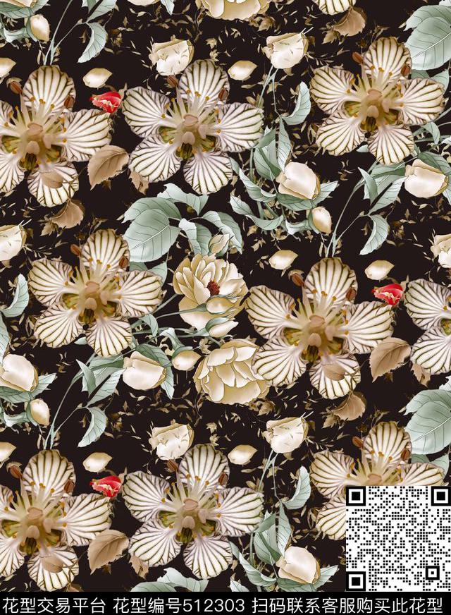 手绘花点缀梦幻数码印花华亿平台下载（图片编号: 512303） - 瓦栏（Walan）