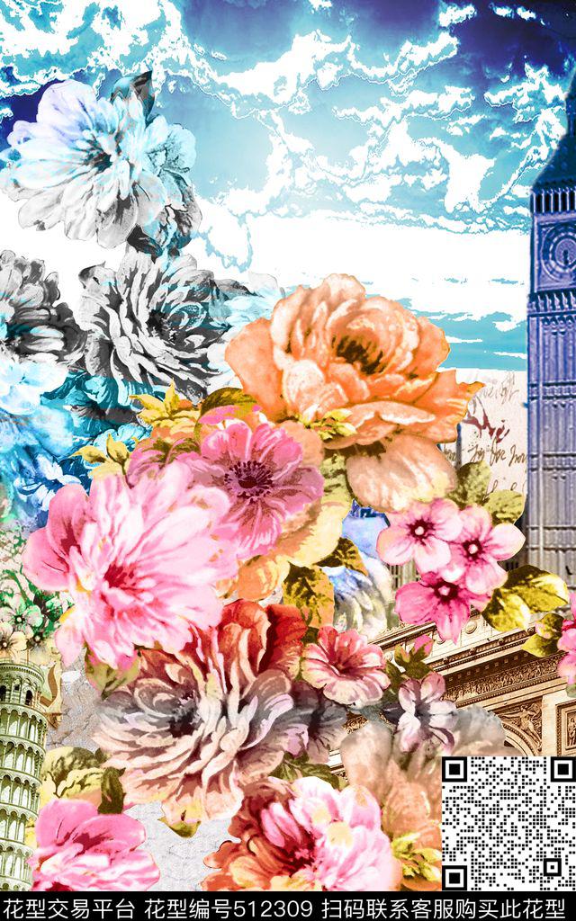 MAX-大牌风格欧美手绘建筑风景花卉定位数码印花华亿平台下载（图片编号: 512309） - 瓦栏（Walan）