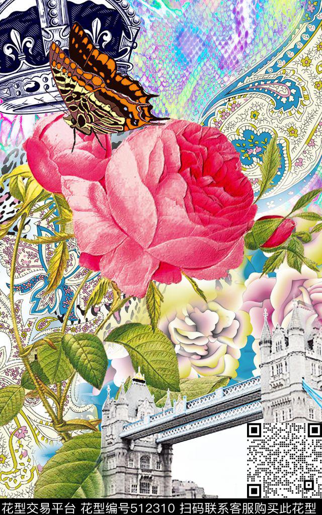 MAX-大牌风格欧美手绘建筑皇冠花卉蝴蝶定位数码印花华亿平台下载（图片编号: 512310） - 瓦栏（Walan）
