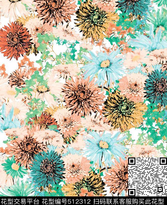 原创花卉优雅数码印花华亿平台下载（图片编号: 512312） - 瓦栏（Walan）