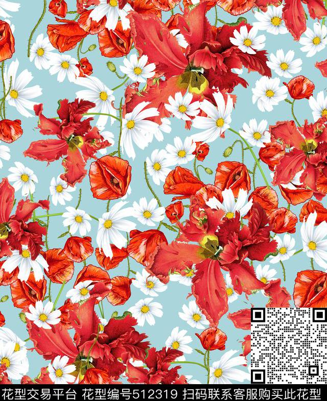 潮流时尚罂粟花菊花数码印花华亿平台下载（图片编号: 512319） - 瓦栏（Walan）
