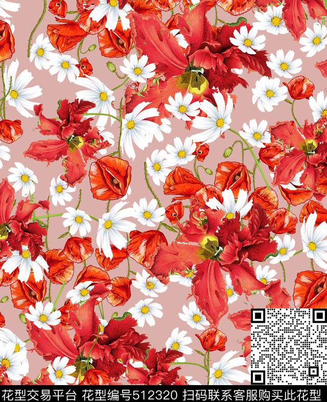 潮流时尚罂粟花菊花数码印花华亿平台下载（图片编号: 512320） - 瓦栏（Walan）