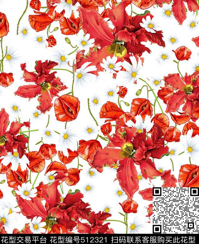 潮流时尚罂粟花菊花数码印花华亿平台下载（图片编号: 512321） - 瓦栏（Walan）