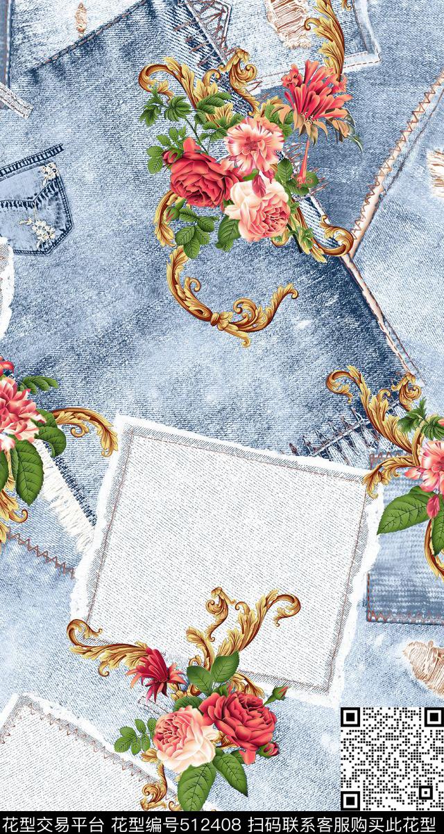 现代花卉牛仔底纹数码印花华亿平台下载（图片编号: 512408） - 瓦栏（Walan）