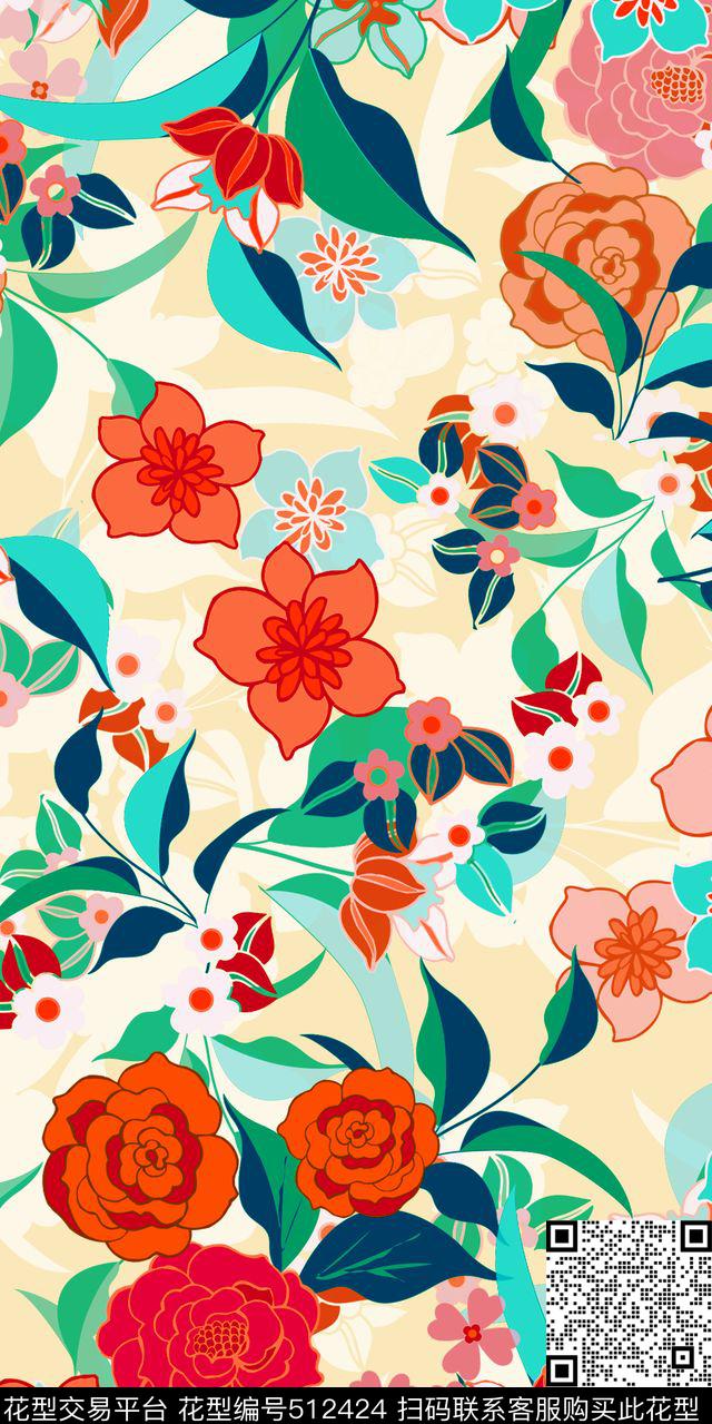 花朵异域手绘传统印花华亿平台下载（图片编号: 512424） - 瓦栏（Walan）
