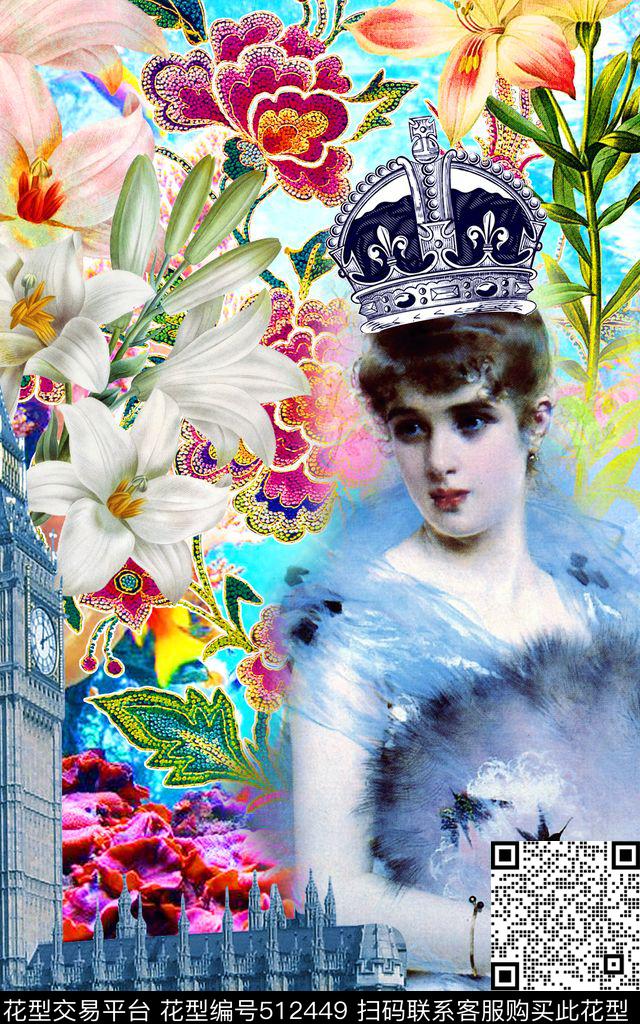 MAX-大牌风格欧美钟塔建筑手绘花卉贵族美女油画定位数码印花华亿平台下载（图片编号: 512449） - 瓦栏（Walan）