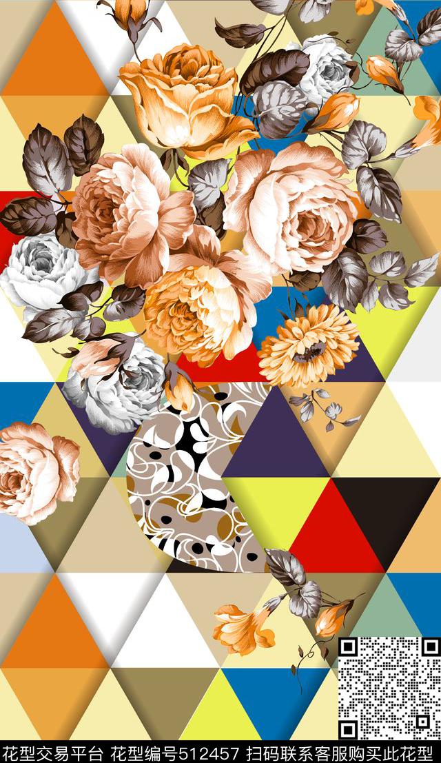 彩色几何几何三角形手绘花卉数码印花华亿平台下载（图片编号: 512457） - 瓦栏（Walan）