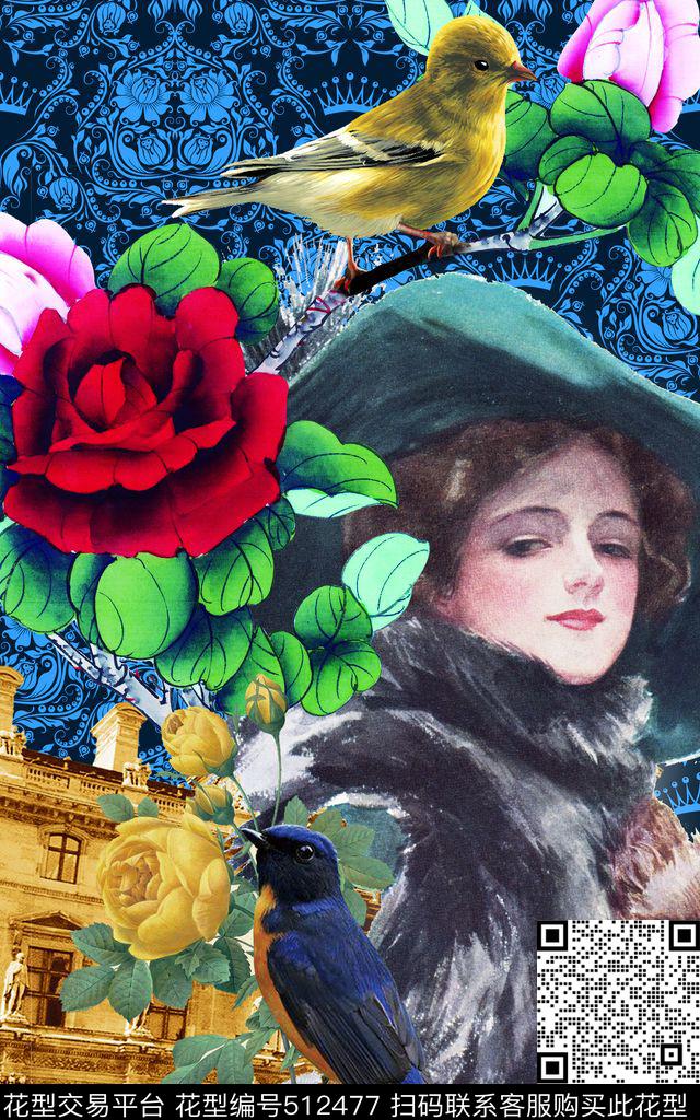 MAX-大牌风格欧美手绘建筑花鸟油画人物定位数码印花华亿平台下载（图片编号: 512477） - 瓦栏（Walan）