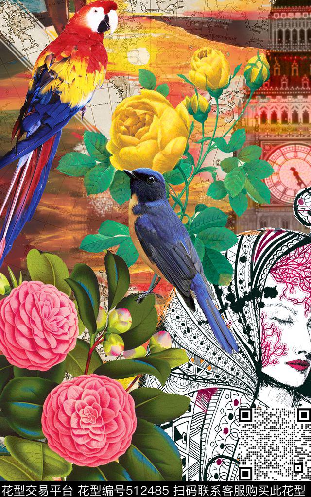 MAX-大牌风格欧美建筑手绘花卉美女花鸟定位数码印花华亿平台下载（图片编号: 512485） - 瓦栏（Walan）