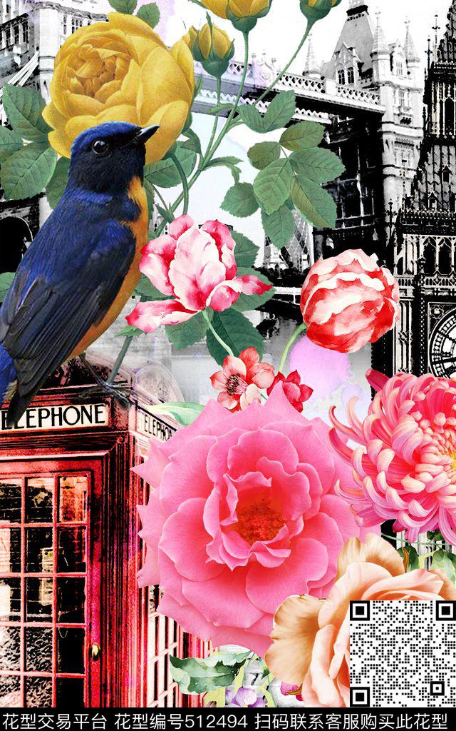 MAX-大牌风格欧美手绘时尚都市花鸟定位数码印花华亿平台下载（图片编号: 512494） - 瓦栏（Walan）