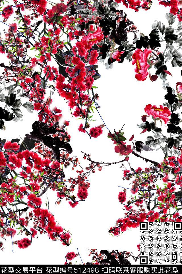 水墨花卉梅花牡丹旗袍丝绸华亿平台数码印花华亿平台下载（图片编号: 512498） - 瓦栏（Walan）