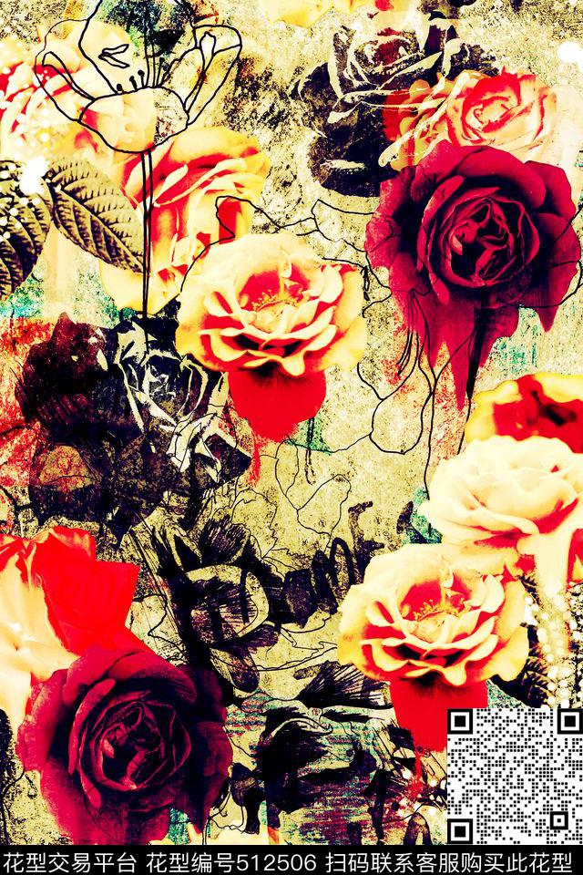 复古抽象花卉肌理大牌男装数码印花华亿平台下载（图片编号: 512506） - 瓦栏（Walan）