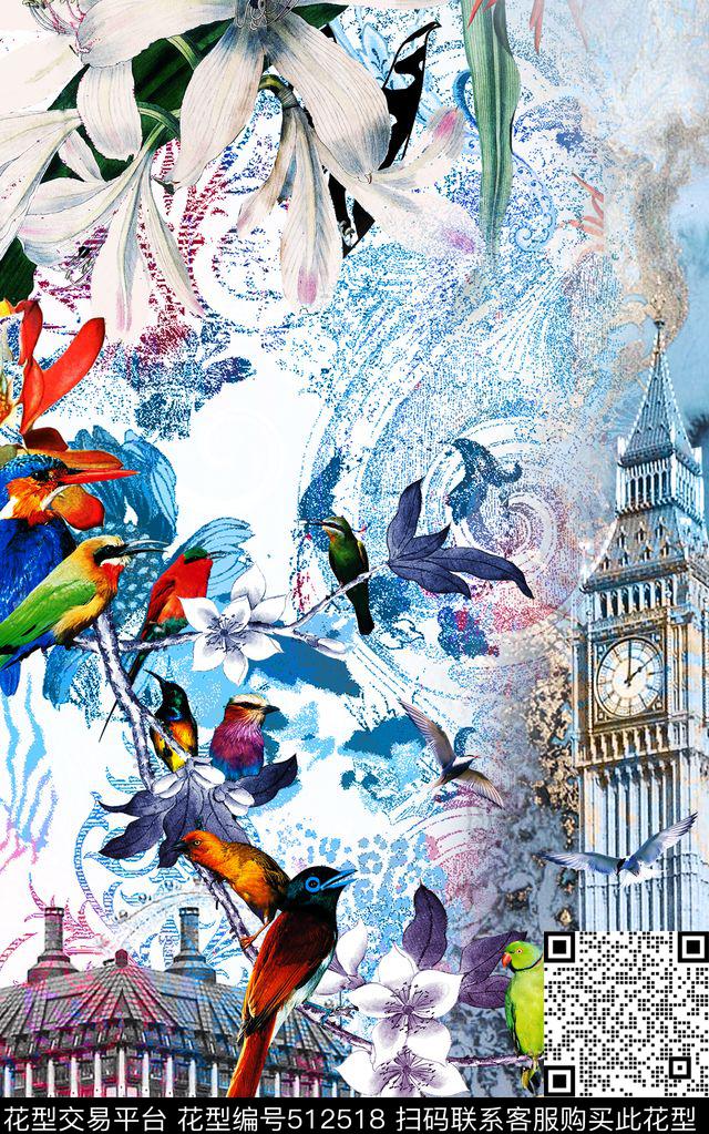 MAX-大牌风格欧美手绘时尚都市花鸟定位数码印花华亿平台下载（图片编号: 512518） - 瓦栏（Walan）