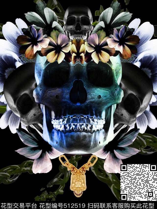 时尚颓废风格骷髅头花卉数码印花华亿平台下载（图片编号: 512519） - 瓦栏（Walan）