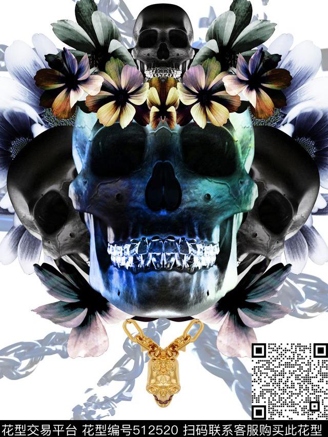 时尚颓废风格骷髅头花卉数码印花华亿平台下载（图片编号: 512520） - 瓦栏（Walan）
