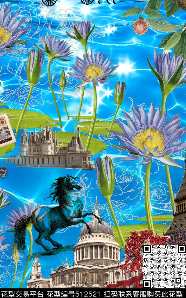 MAX-大牌风格欧美手绘时尚都市水纹睡莲花定位数码印花华亿平台下载（图片编号: 512521） - 瓦栏（Walan）