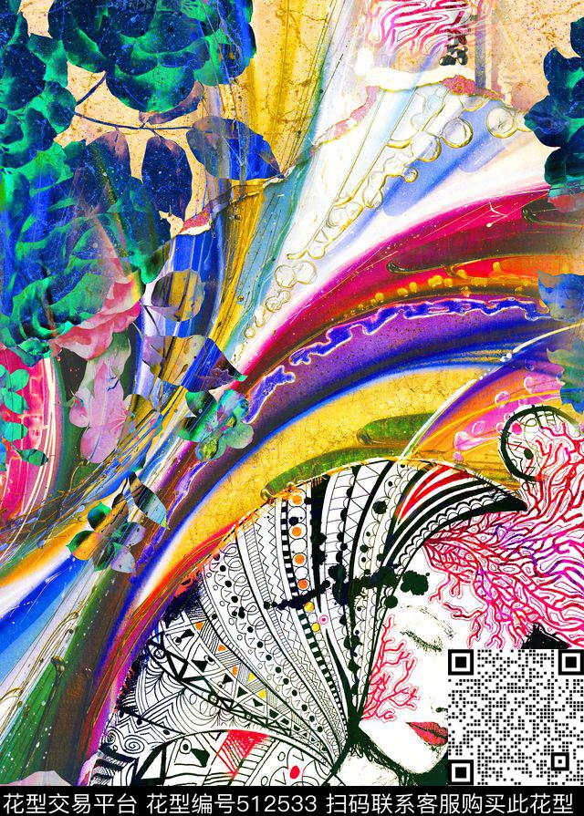 欧美手绘抽象花卉美人流行时尚数码印花华亿平台下载（图片编号: 512533） - 瓦栏（Walan）