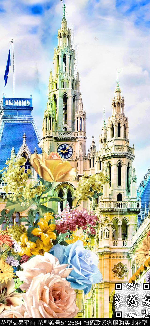 欧式建筑花卉数码印花华亿平台下载（图片编号: 512564） - 瓦栏（Walan）