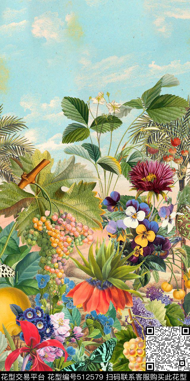 时尚花卉蝴蝶数码印花华亿平台下载（图片编号: 512579） - 瓦栏（Walan）