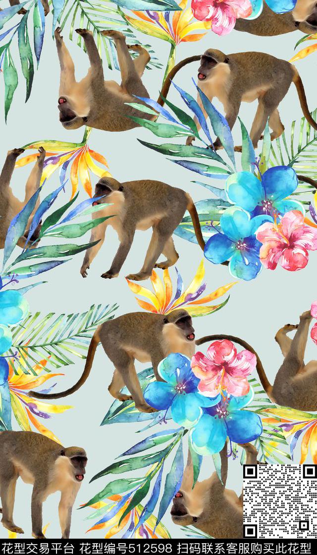 清新热带花卉叶子数码印花华亿平台下载（图片编号: 512598） - 瓦栏（Walan）