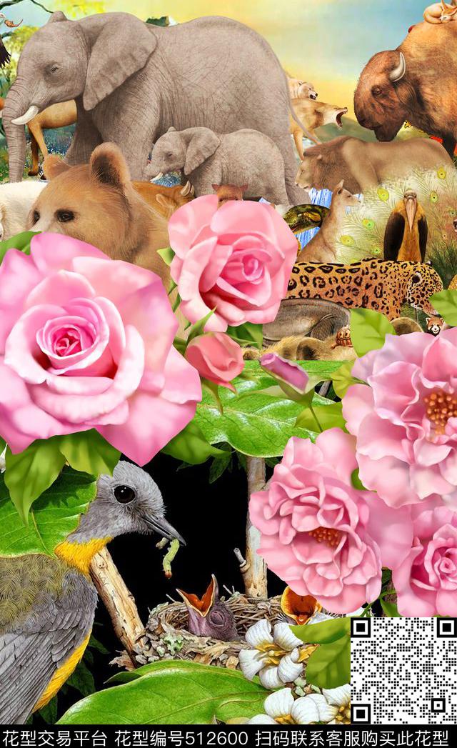 潮流时尚大气花卉定位手绘数码印花华亿平台下载（图片编号: 512600） - 瓦栏（Walan）