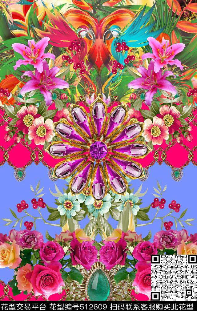 抽象大方定位花数码印花华亿平台下载（图片编号: 512609） - 瓦栏（Walan）