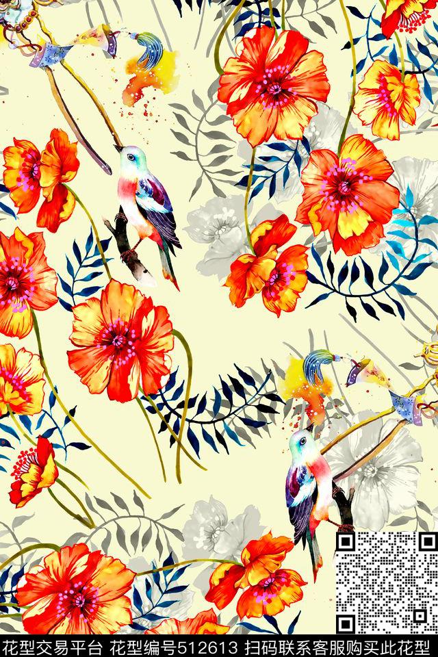 手绘手绘花手绘玉钗数码印花华亿平台下载（图片编号: 512613） - 瓦栏（Walan）