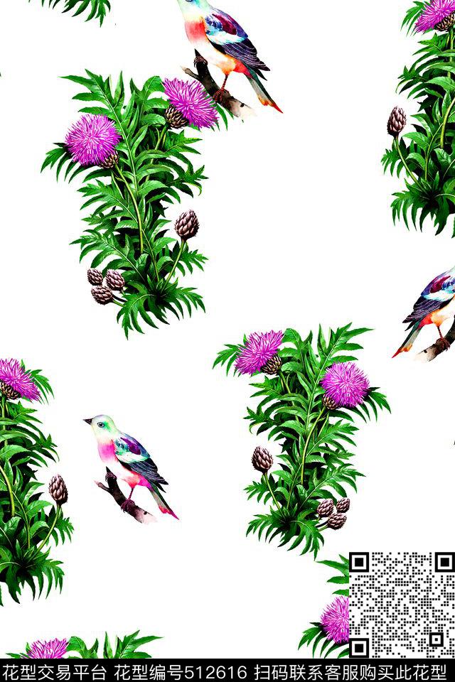 花卉手绘花小鸟数码印花华亿平台下载（图片编号: 512616） - 瓦栏（Walan）