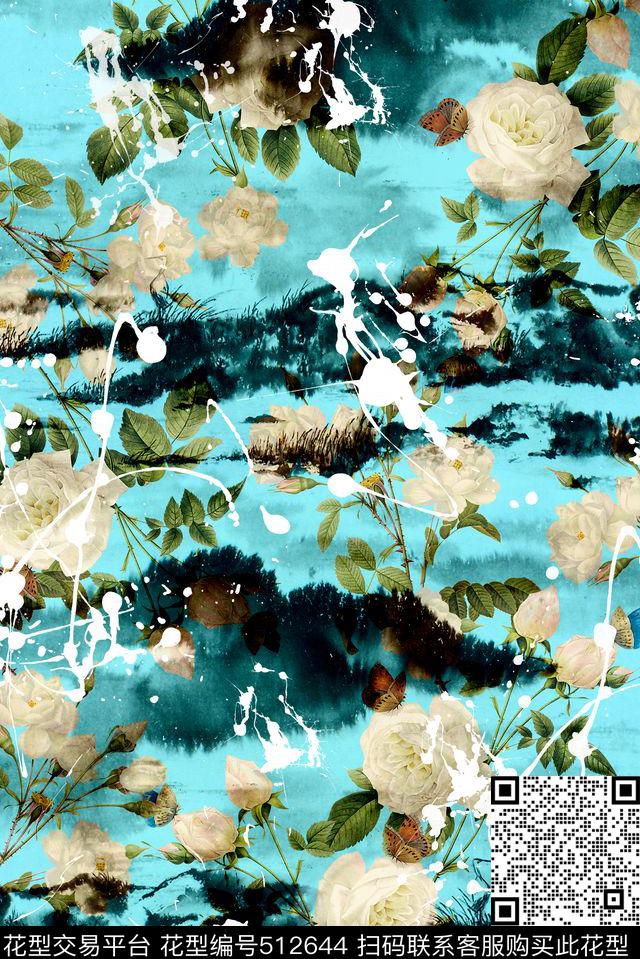 中国风水墨山水数码印花华亿平台下载（图片编号: 512644） - 瓦栏（Walan）