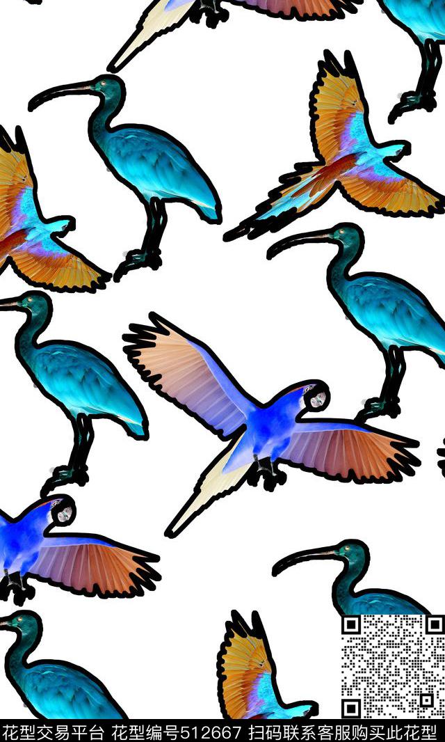 时尚写意鸟飞翔的鸟数码印花华亿平台下载（图片编号: 512667） - 瓦栏（Walan）