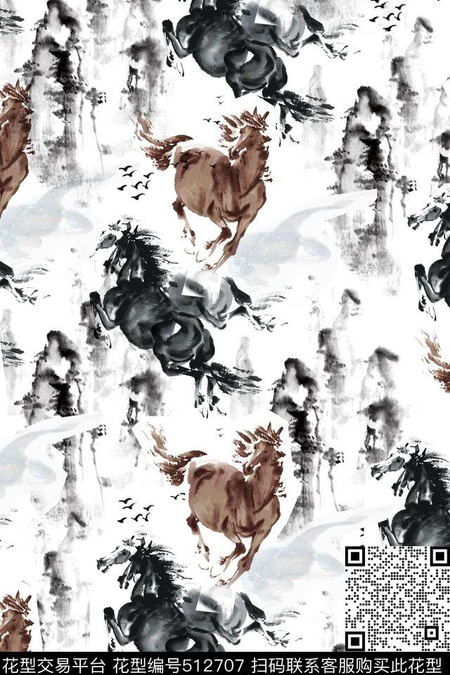 中国风山水马儿数码印花华亿平台下载（图片编号: 512707） - 瓦栏（Walan）