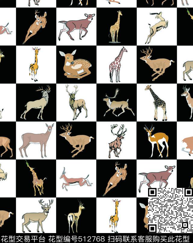 黑白格动物长颈鹿梅花鹿流行时尚动物动物华亿平台动物纹传统印花华亿平台下载（图片编号: 512768） - 瓦栏（Walan）