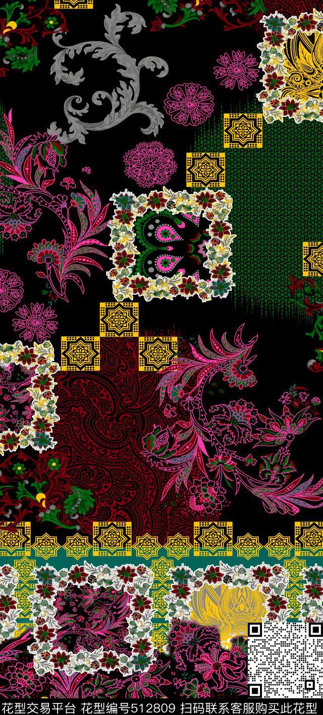 中国风花卉几何数码印花华亿平台下载（图片编号: 512809） - 瓦栏（Walan）