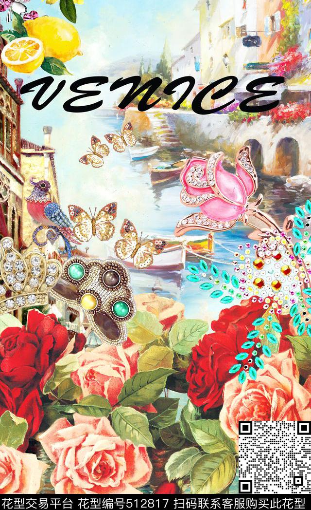 潮流时尚大牌手绘威尼斯定位D&G风格数码印花华亿平台下载（图片编号: 512817） - 瓦栏（Walan）