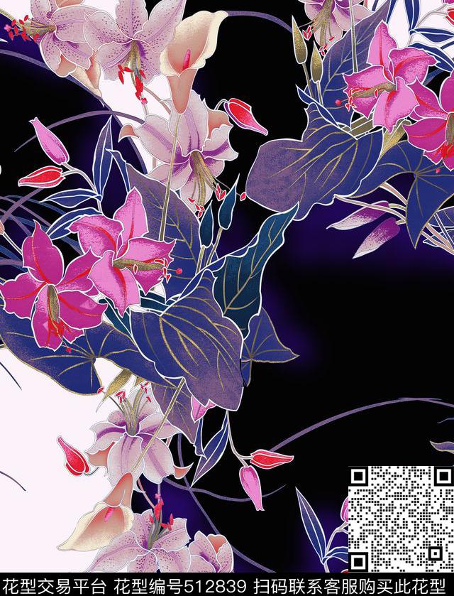 1/2跳接百合典雅传统印花华亿平台下载（图片编号: 512839） - 瓦栏（Walan）