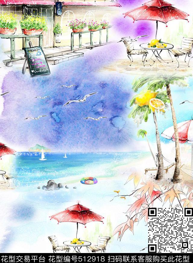 彩绘房子椰子树橙花盆鲜花色彩肌理叶子蓝色天空大雁咖啡炫彩数码印花华亿平台下载（图片编号: 512918） - 瓦栏（Walan）