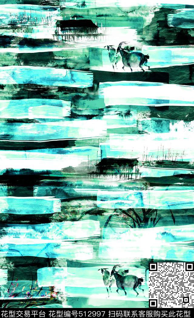 水彩山水抽象数码印花华亿平台下载（图片编号: 512997） - 瓦栏（Walan）