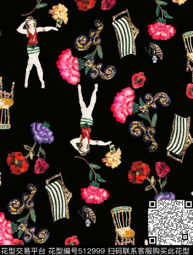 D&G风格潮流时尚人物花卉数码印花华亿平台下载（图片编号: 512999） - 瓦栏（Walan）