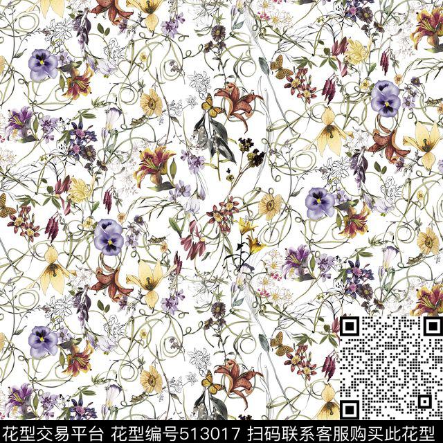 花卉花朵藤条数码印花华亿平台下载（图片编号: 513017） - 瓦栏（Walan）