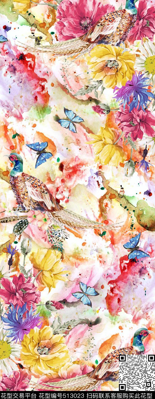 蝴蝶花鸟数码印花华亿平台下载（图片编号: 513023） - 瓦栏（Walan）