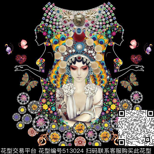 写意京剧人物数码印花华亿平台下载（图片编号: 513024） - 瓦栏（Walan）