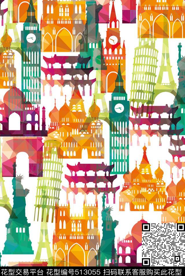 水彩旅行元素数码印花华亿平台下载（图片编号: 513055） - 瓦栏（Walan）