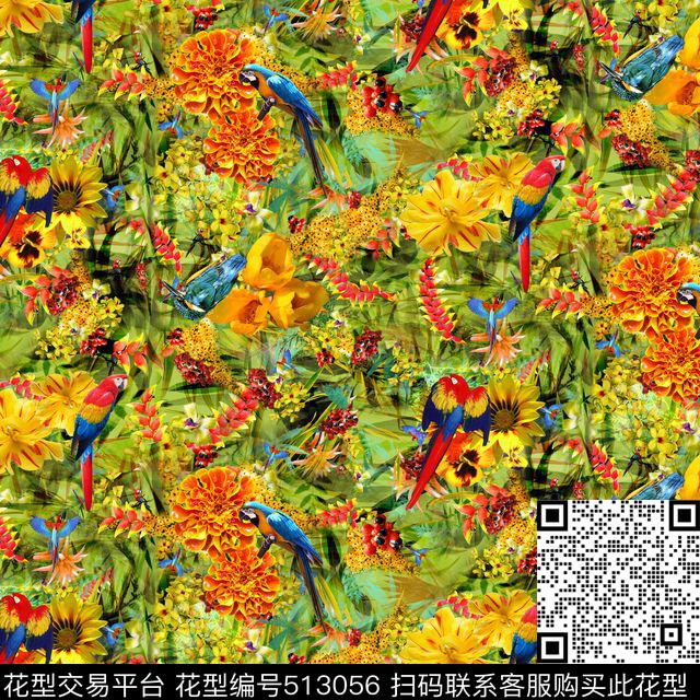 写意鸟树枝数码印花华亿平台下载（图片编号: 513056） - 瓦栏（Walan）