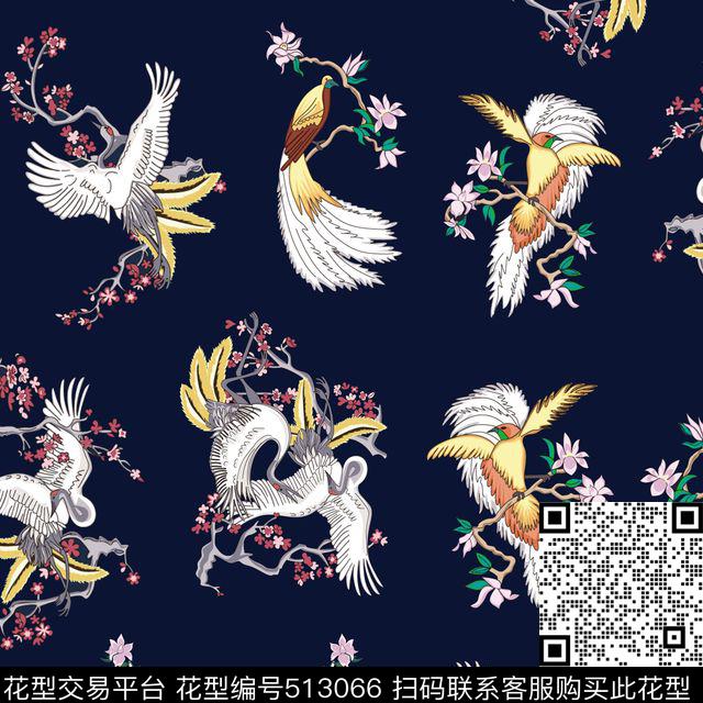 写意几何仙鹤数码印花华亿平台下载（图片编号: 513066） - 瓦栏（Walan）